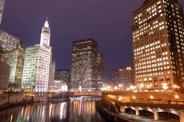 Chicago River at night with Wrigley Building